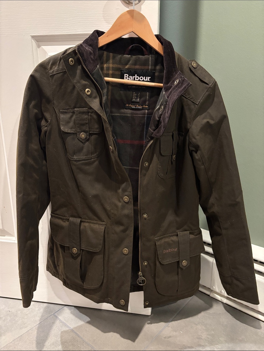 Barbour Dark Olive Waxed Cotton Field Jacket with Tartan Lining